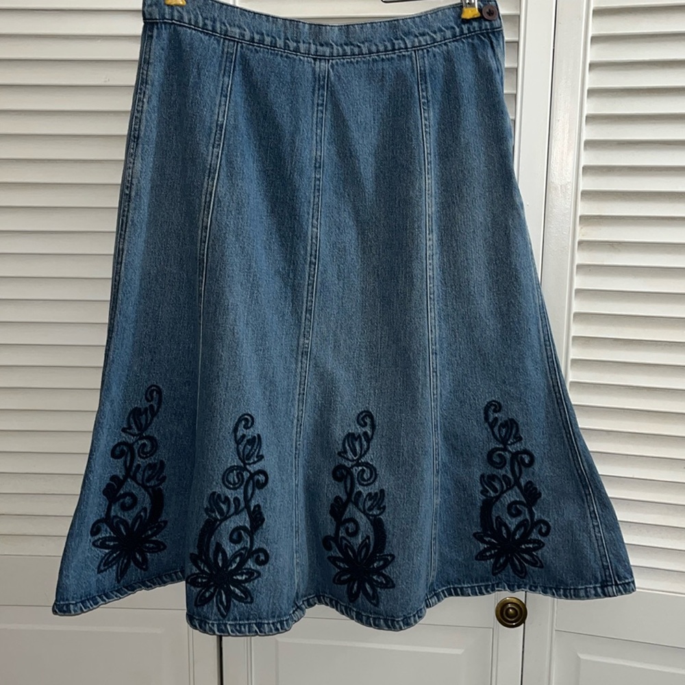 90’s Y2K denim midi embroidered flare skirt festival country cowgirl boho